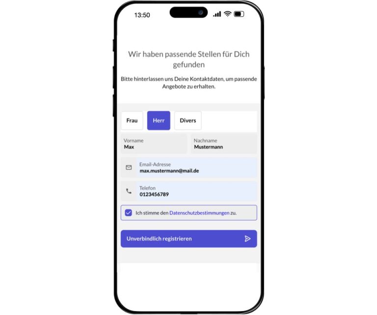 So könnte es aussehen, wenn ein potenziell geeigneter Kandidat, seine Daten für die Bewerbung hinterlegt